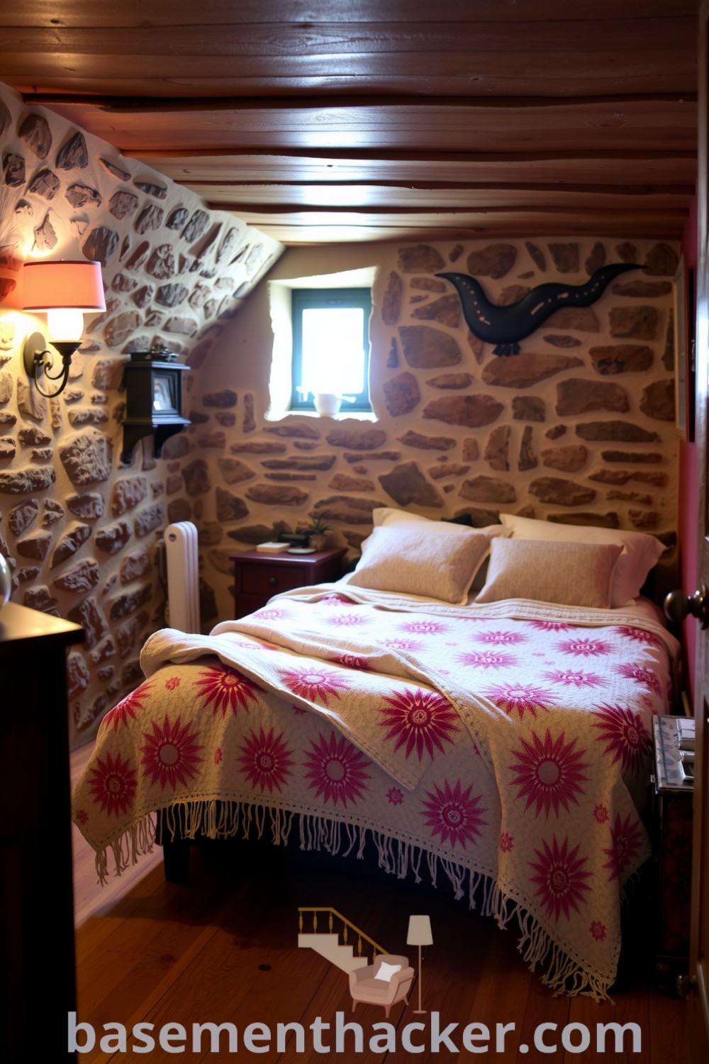 Cozy basement bedroom with exposed stone walls, low wooden ceiling, and a handmade quilt on a queen bed, showcasing warm floorboards and eclectic decor, perfect for a stylish and functional home design, featured on basementhacker.com.
