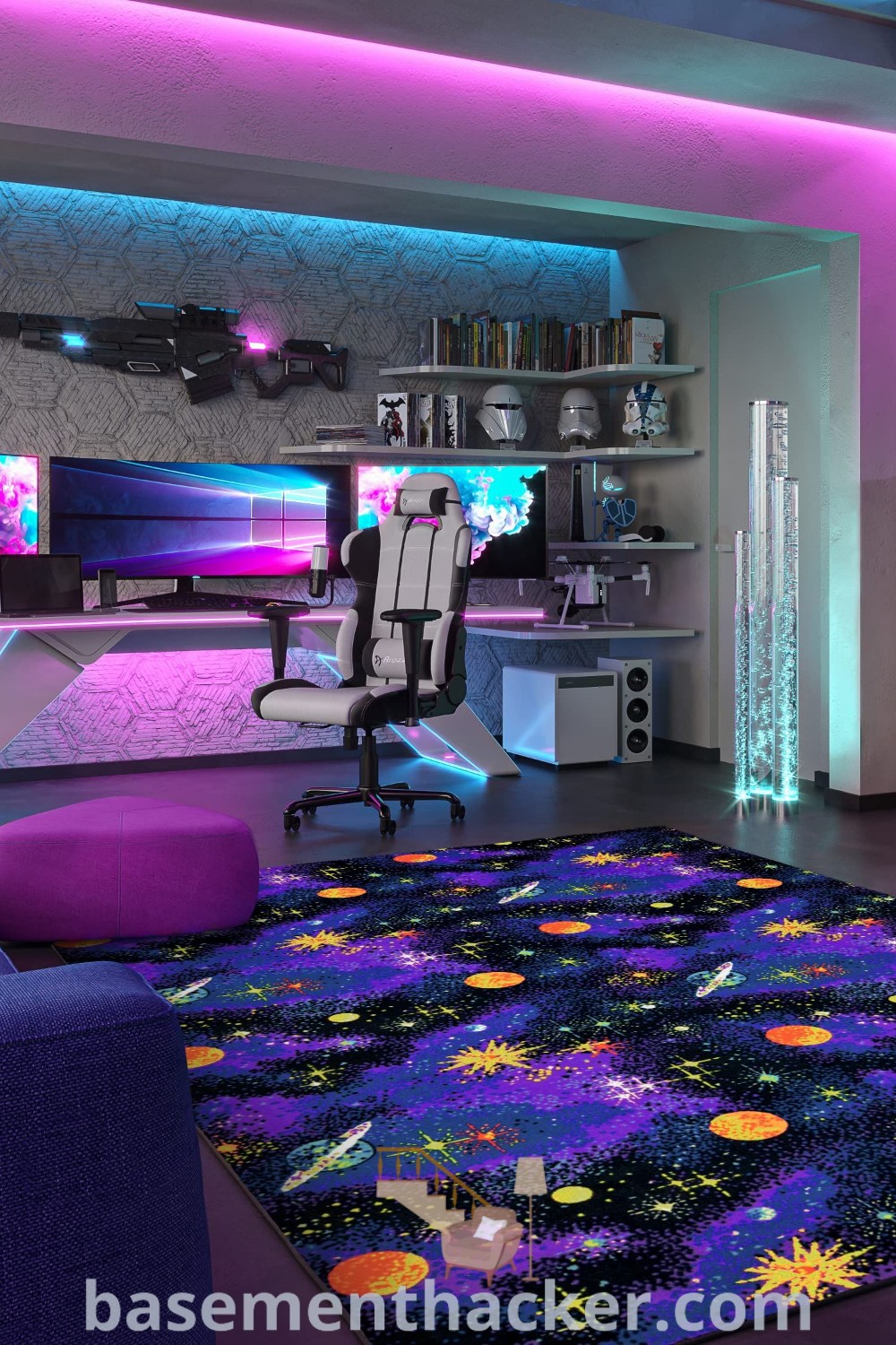 A stylish living room filled with furniture, a flat screen TV on the wall, and innovative gaming room lighting. Decorated with geometric carpets and purple area rugs, it offers ideas for a stylish and functional home design. For more inspiration, visit basementhacker.com.