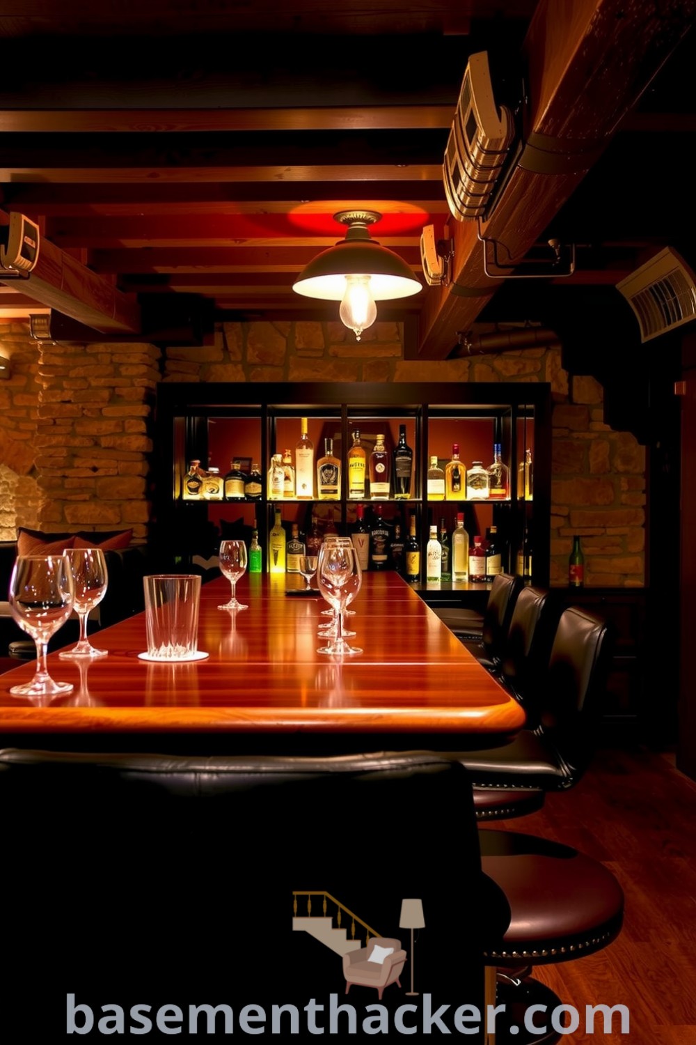 Rustic basement whiskey lounge bar with exposed stone walls, wooden beams, leather stools, and candlelight, ideal for creating a cozy and stylish entertaining space, featured on basementhacker.com.
