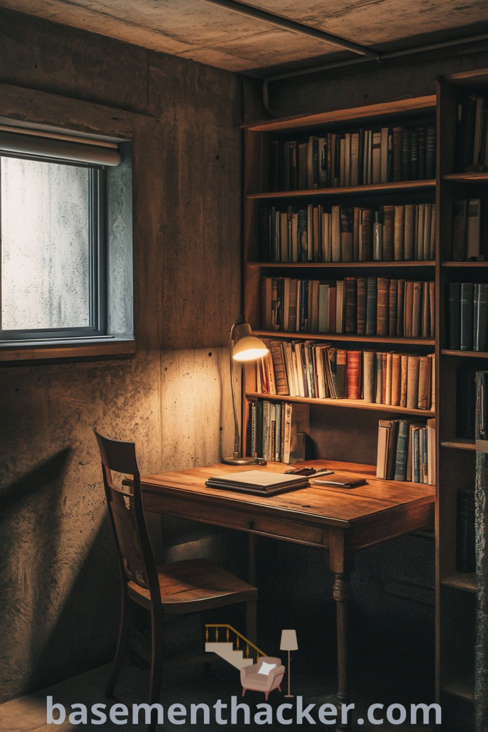 Cozy basement office featuring warm wooden furniture, cool concrete walls, and a vintage lamp for illuminating creativity, highlighted on basementhacker.com.