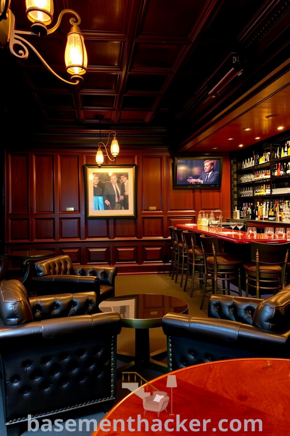 Dimly lit basement whiskey lounge featuring rich wood paneling, exposed brick, leather armchairs, and a polished mahogany bar, providing innovative ideas for designing a stylish bonus space for ultimate entertaining, showcased on basementhacker.com.