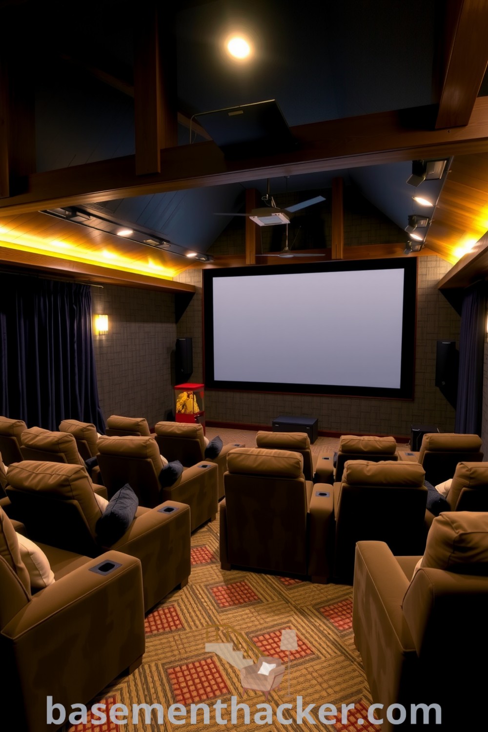 Cozy basement home theater featuring oversized seating, ambient lighting, a large screen, and a popcorn machine, ideal for ultimate entertaining, with design ideas for a stylish bonus space showcased on basementhacker.com.