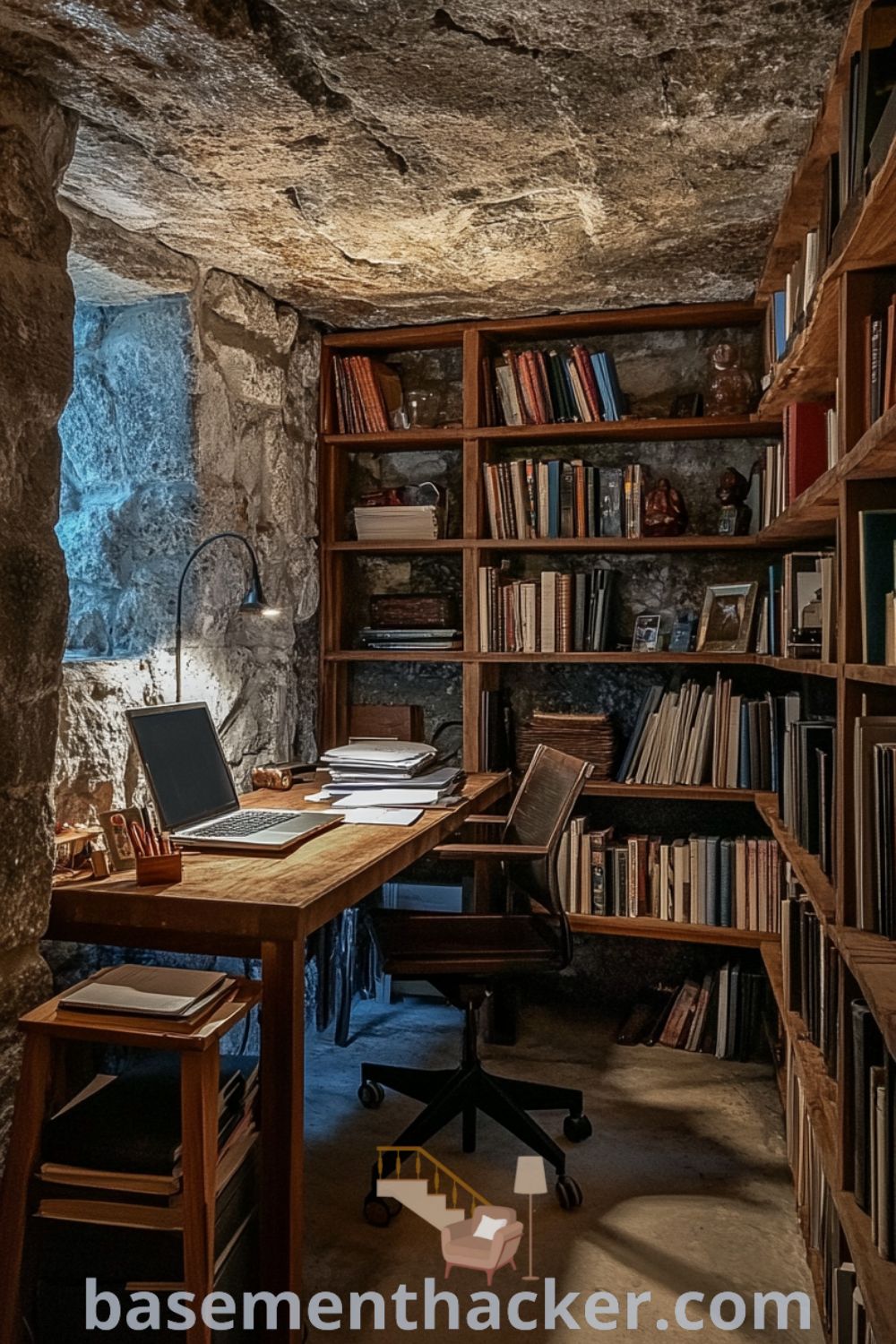 Inviting basement office with exposed stone walls, a wooden desk, and vintage shelving, illuminated by warm lighting, ideal for creativity, featured on basementhacker.com.