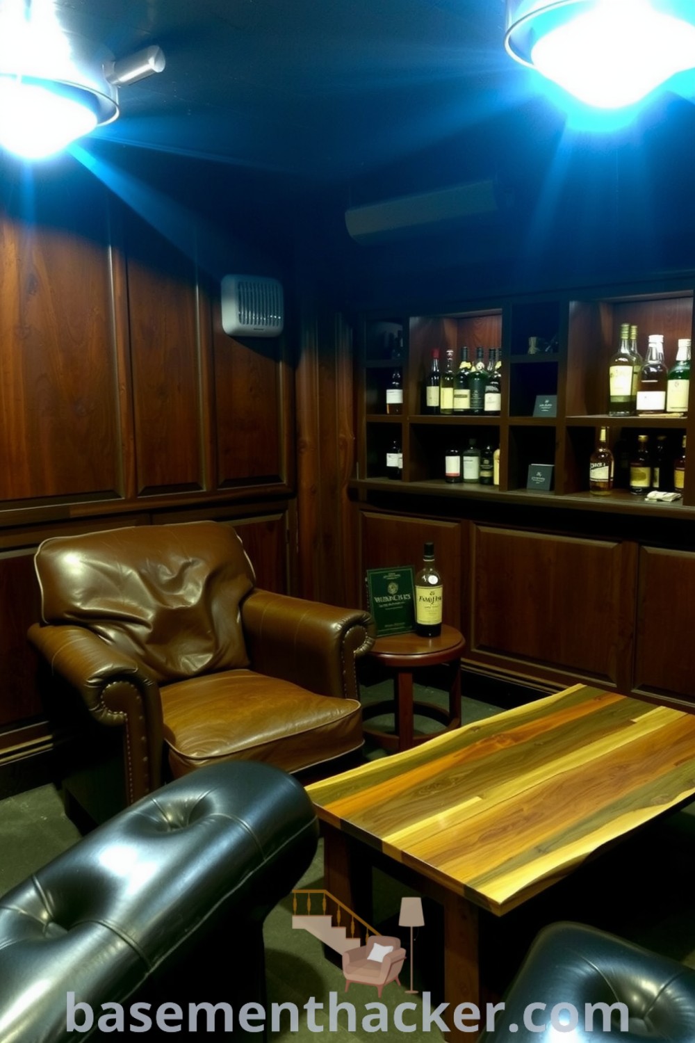 Dimly lit basement whiskey lounge featuring rich wooden paneling, exposed stone walls, a plush leather armchair, and aged whiskey bottles, creating a cozy retreat for ultimate entertaining, showcased on basementhacker.com.