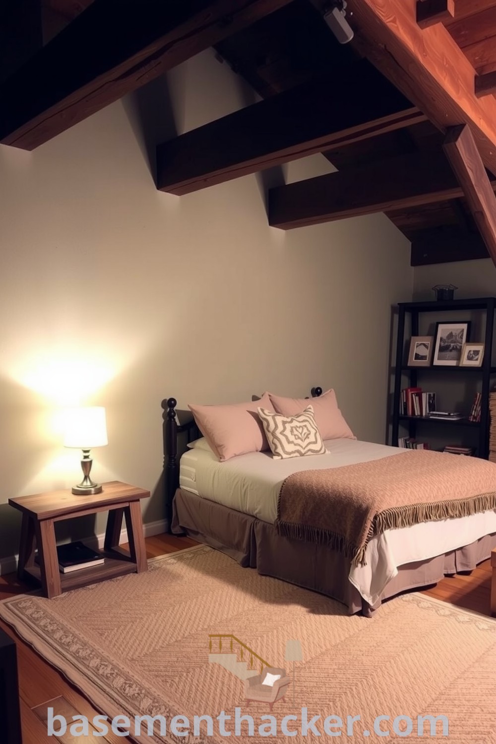 Stylish basement bedroom featuring a plush bed, warm woven throw, sage walls, rustic wooden beams, and personal touches like books and framed photographs, designed for a cozy and organized home, showcased on basementhacker.com.