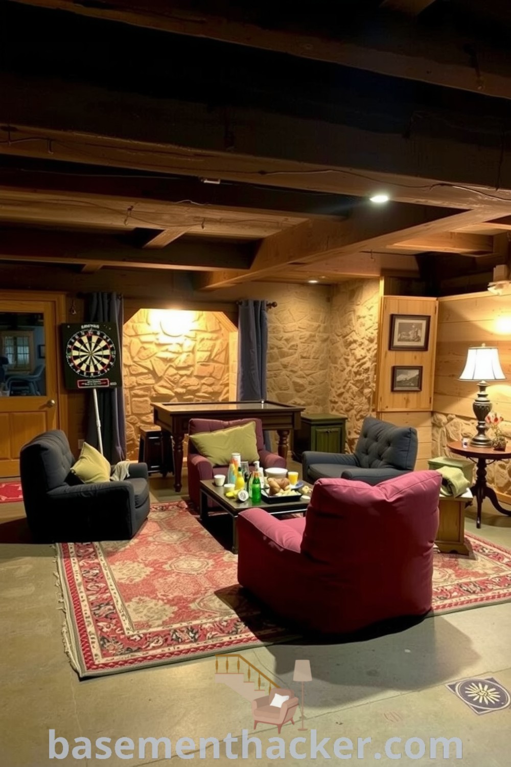 Inviting and cozy basement game room featuring rustic wooden beams, exposed stone walls, a plush rug, and a circle of bean bags around a coffee table, designed for ultimate entertaining, presented on basementhacker.com.