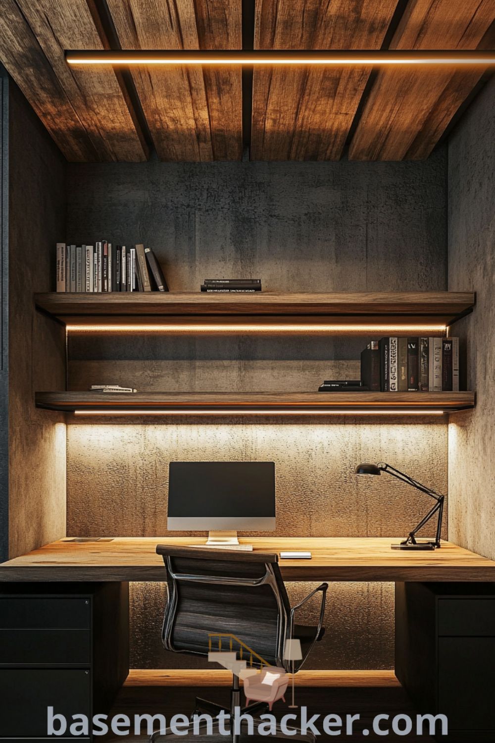 Modern basement home office featuring natural light, a rustic wooden desk, industrial-style lamps, and minimalist shelving, offering innovative ideas for designing a stylish and functional space, showcased on basementhacker.com.