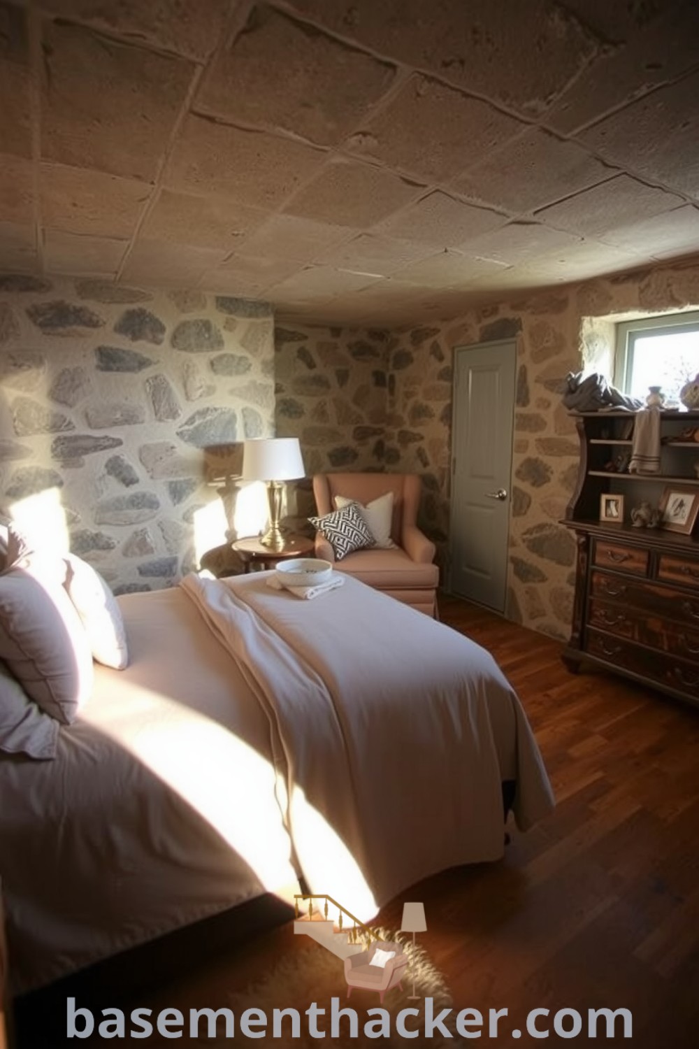 Cozy master basement bedroom with a plush queen-sized bed, exposed stone walls, natural light, and rustic wooden floor, offering innovative ideas for designing a stylish bonus space, featured on basementhacker.com.