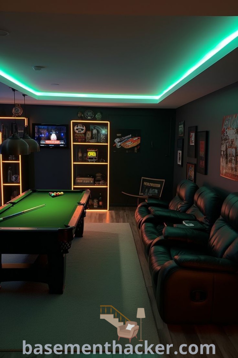 A stylish game room featuring a pool table and couch with green LED basement lighting for ultimate entertaining. This cozy setup combines innovative decoration ideas, creating a perfect space for family fun or man cave retreats. Explore more design possibilities at basementhacker.com.