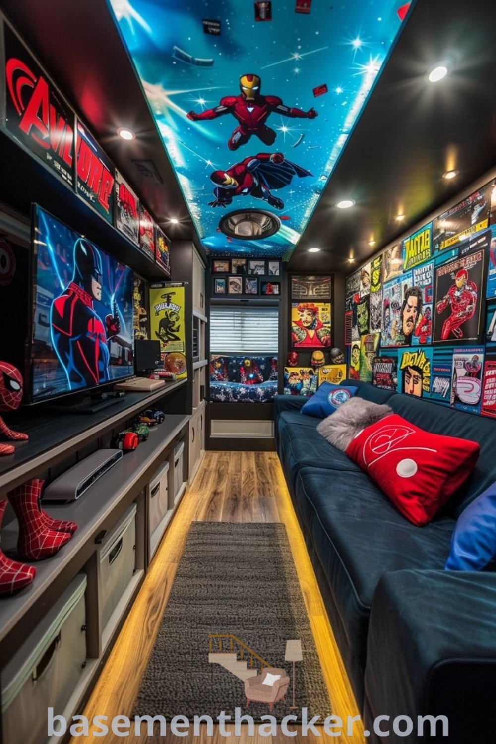 A colorful game room filled with various toys and decorations on the walls, showcasing two TVs and innovative storage ideas for a cozy and organized space. This serves as inspiration for creating the ultimate game room perfect for family entertainment, featuring design ideas from basementhacker.com.