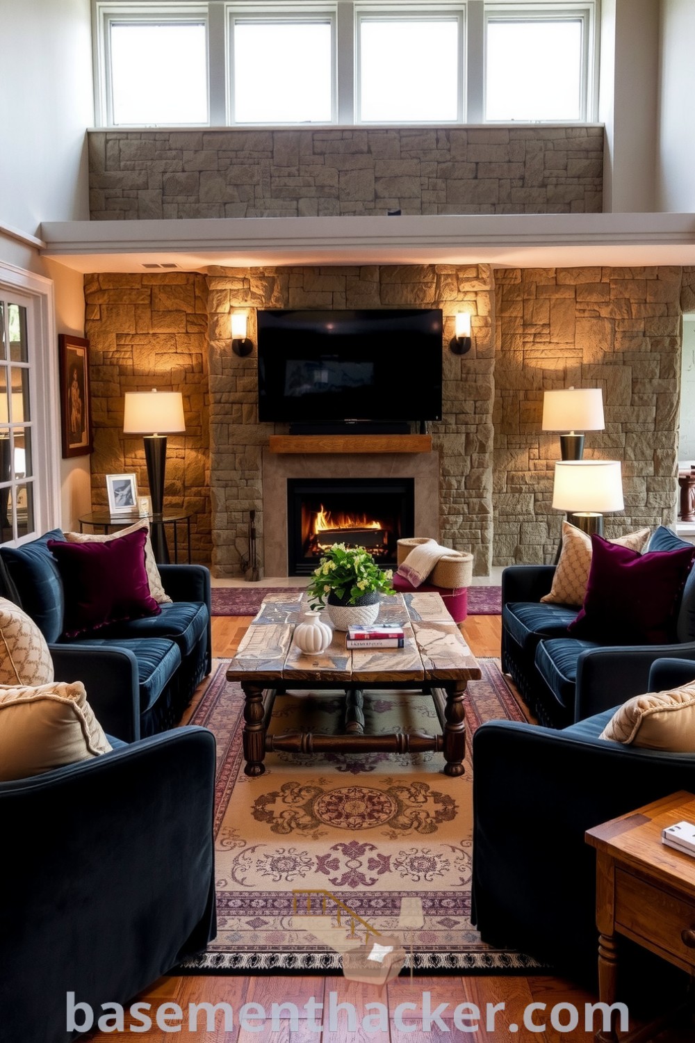 Luxurious basement living room featuring plush velvet seating, rustic wooden coffee table, and stone accent wall, designed for ultimate entertaining and style showcased on basementhacker.com.