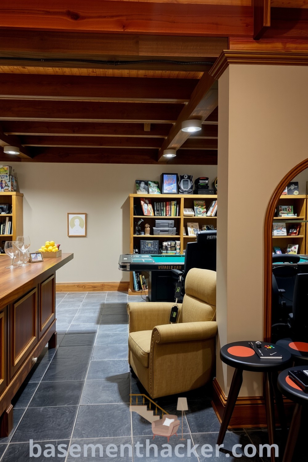 Rustic wooden bar in a cozy basement game room, featuring glassware, snacks, plush gaming chair, and shelves with collectibles, designed for ultimate entertaining, showcased on basementhacker.com.