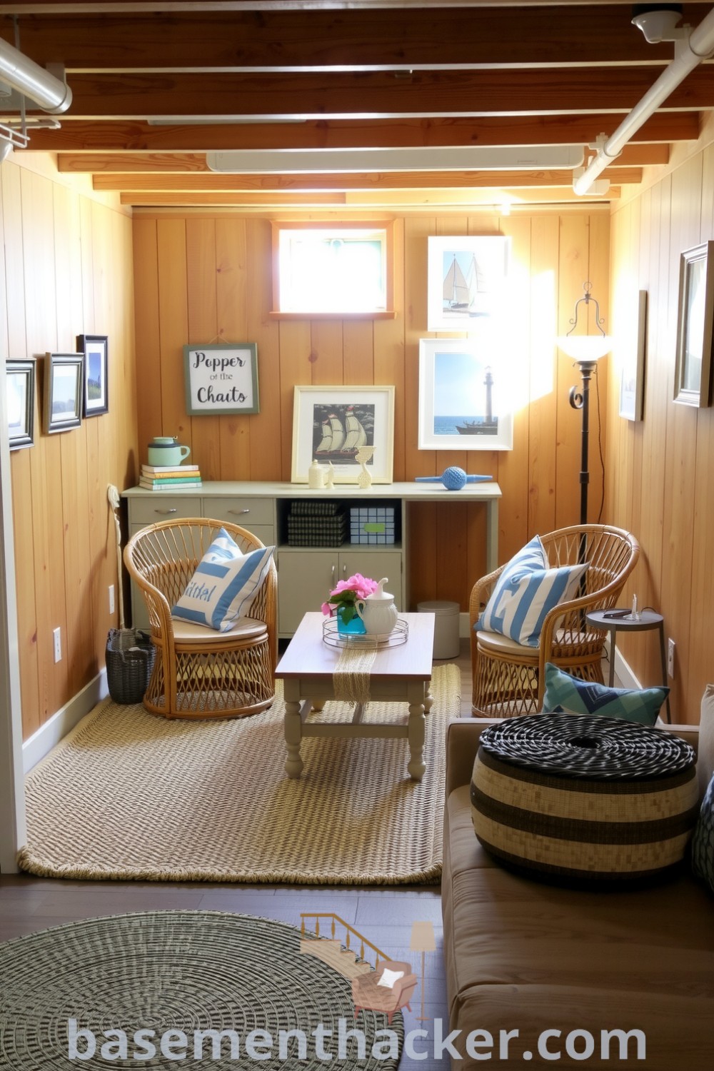 Cozy basement living room with coastal charm featuring blue and white decor, natural wood paneling, rattan chairs, and nautical-themed decor, perfect for a stylish and functional home design, presented on basementhacker.com.