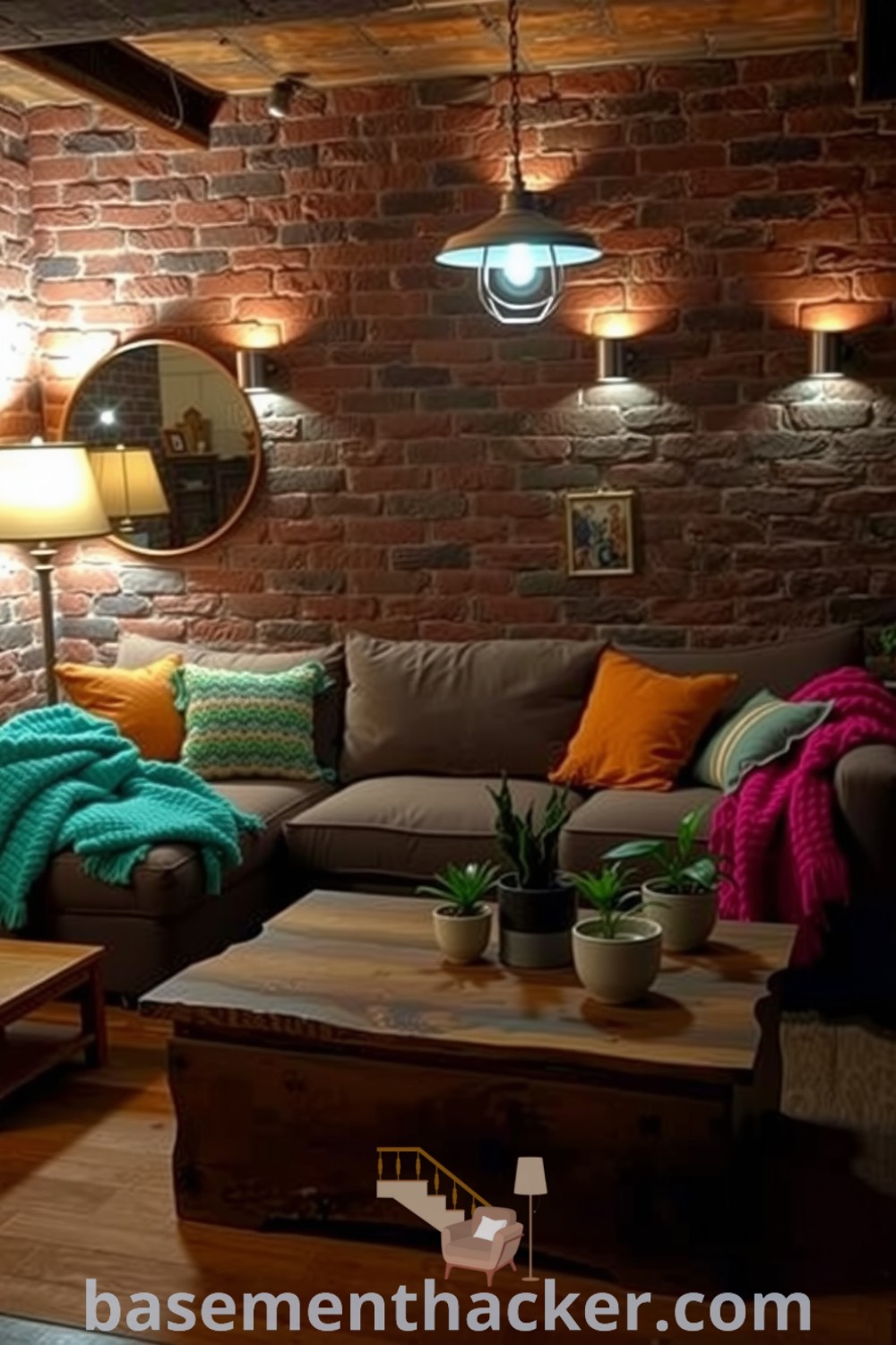 Warm contemporary basement living room featuring an oversized sofa, colorful throw blankets, ambient lighting, and potted plants, designed for ultimate entertaining and a cozy atmosphere, showcased on basementhacker.com.