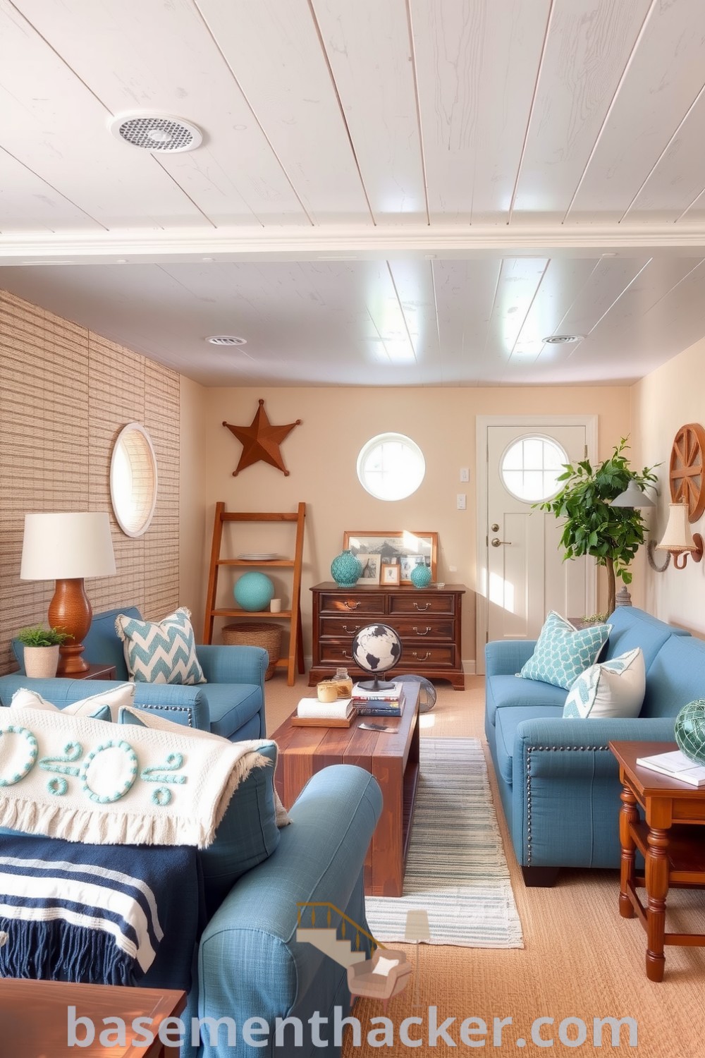 Coastal basement living room featuring a weathered wood ceiling, oversized ocean-blue couches, and nautical decor, perfect for cozy gatherings and designed for ultimate entertaining, showcased on basementhacker.com.