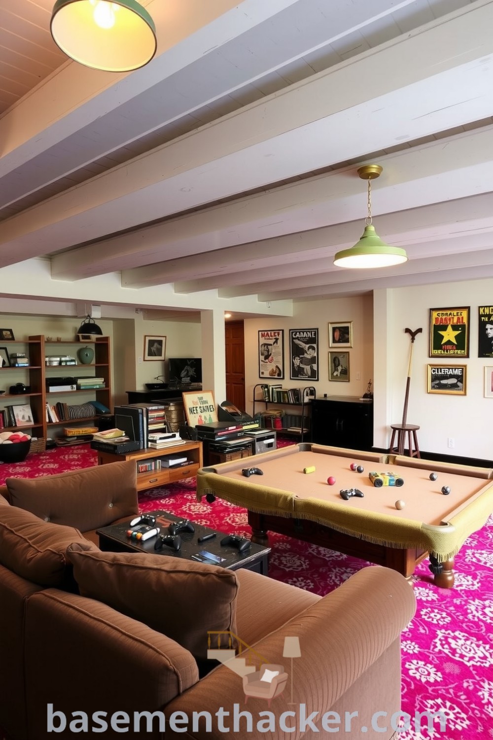 Cozy basement retreat featuring a plush couch, low coffee table with game controllers, exposed beams, warm lighting, a vintage pool table, and vibrant carpets, perfect for ultimate entertaining, showcased on basementhacker.com.