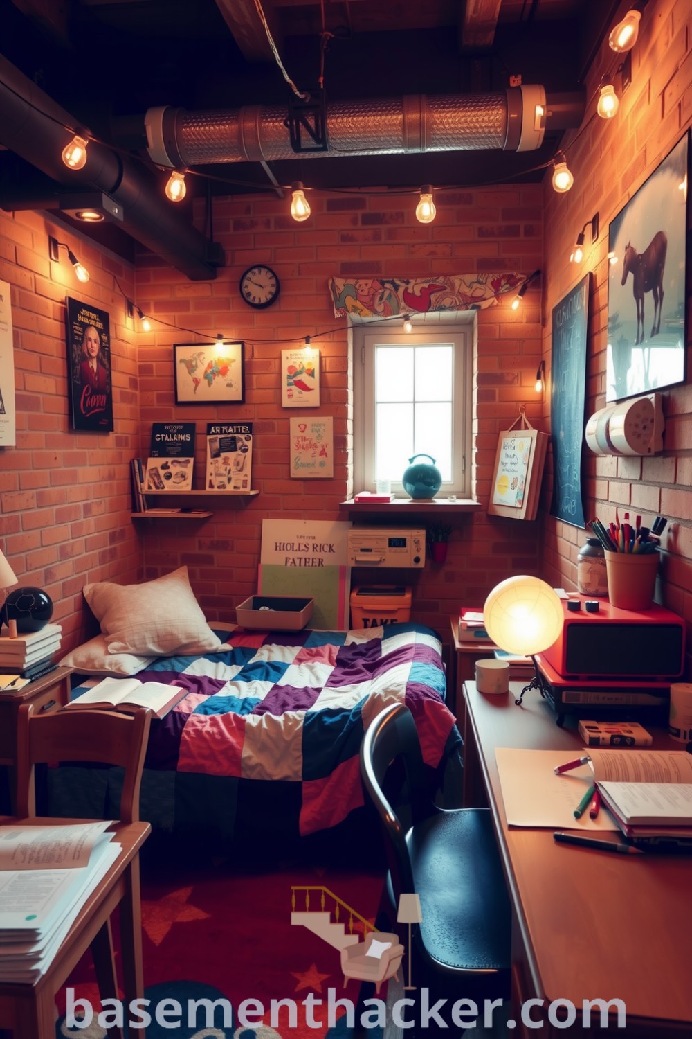 Stylish basement bedroom with a cozy twin bed, wooden desk filled with art supplies, and warm string lights, designed for relaxation and creativity, featured on basementhacker.com.