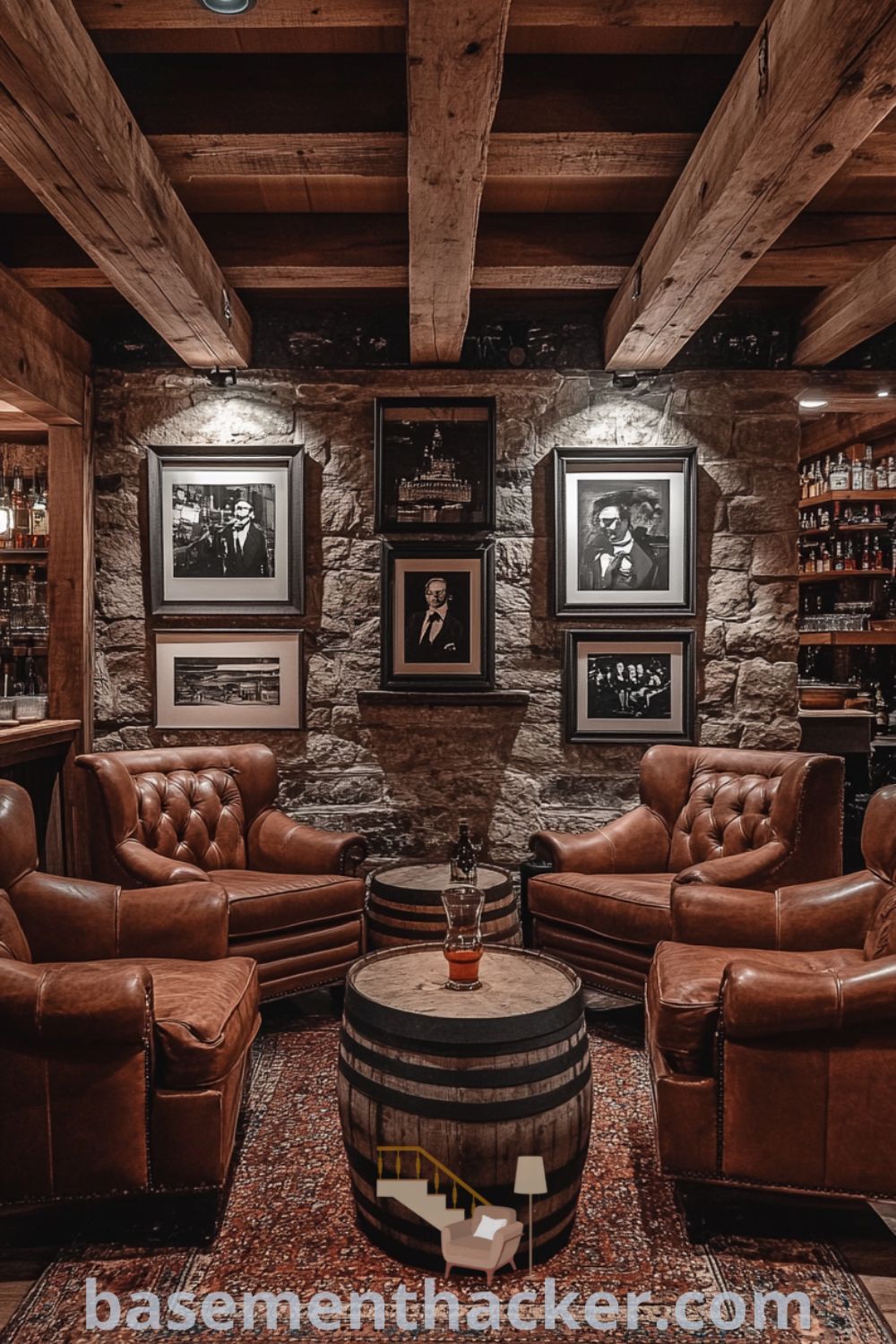 Cozy basement whiskey lounge featuring exposed wooden beams, a polished mahogany bar, warm amber lighting, and vintage decor with leather armchairs, designed for ultimate entertaining, found on basementhacker.com.