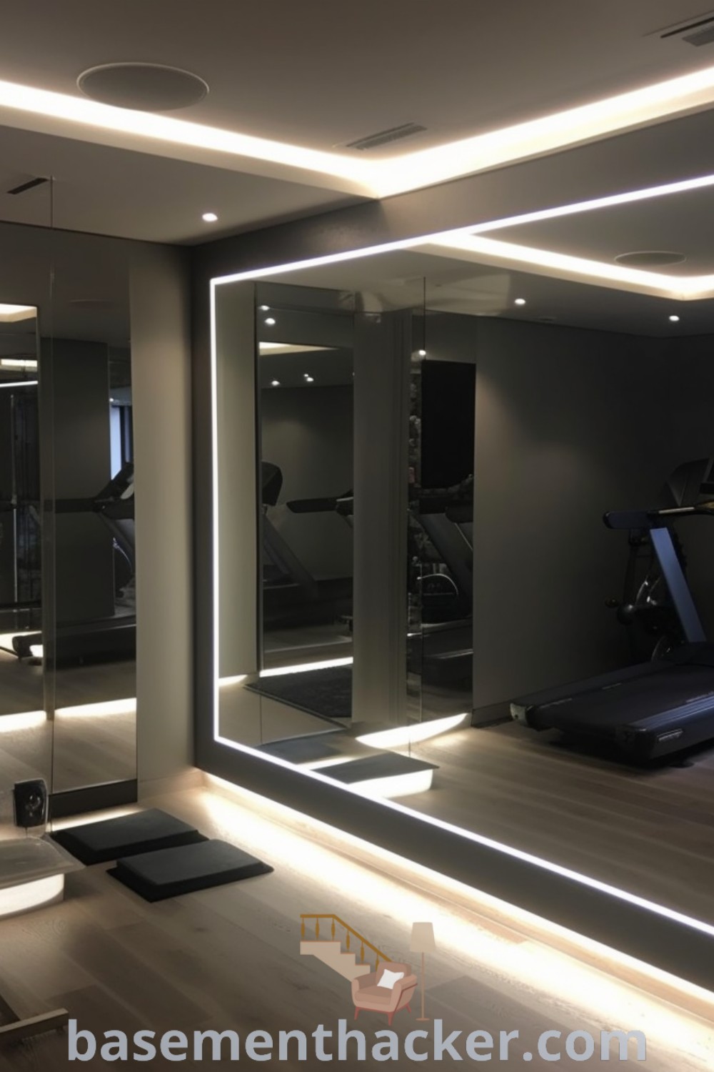 A luxurious home gym with state-of-the-art treadmills, stylish exercise equipment, and mirrors, creating an inspiring workout atmosphere perfect for luxury home gym ideas. Explore innovative ideas for designing your dream gym at basementhacker.com.