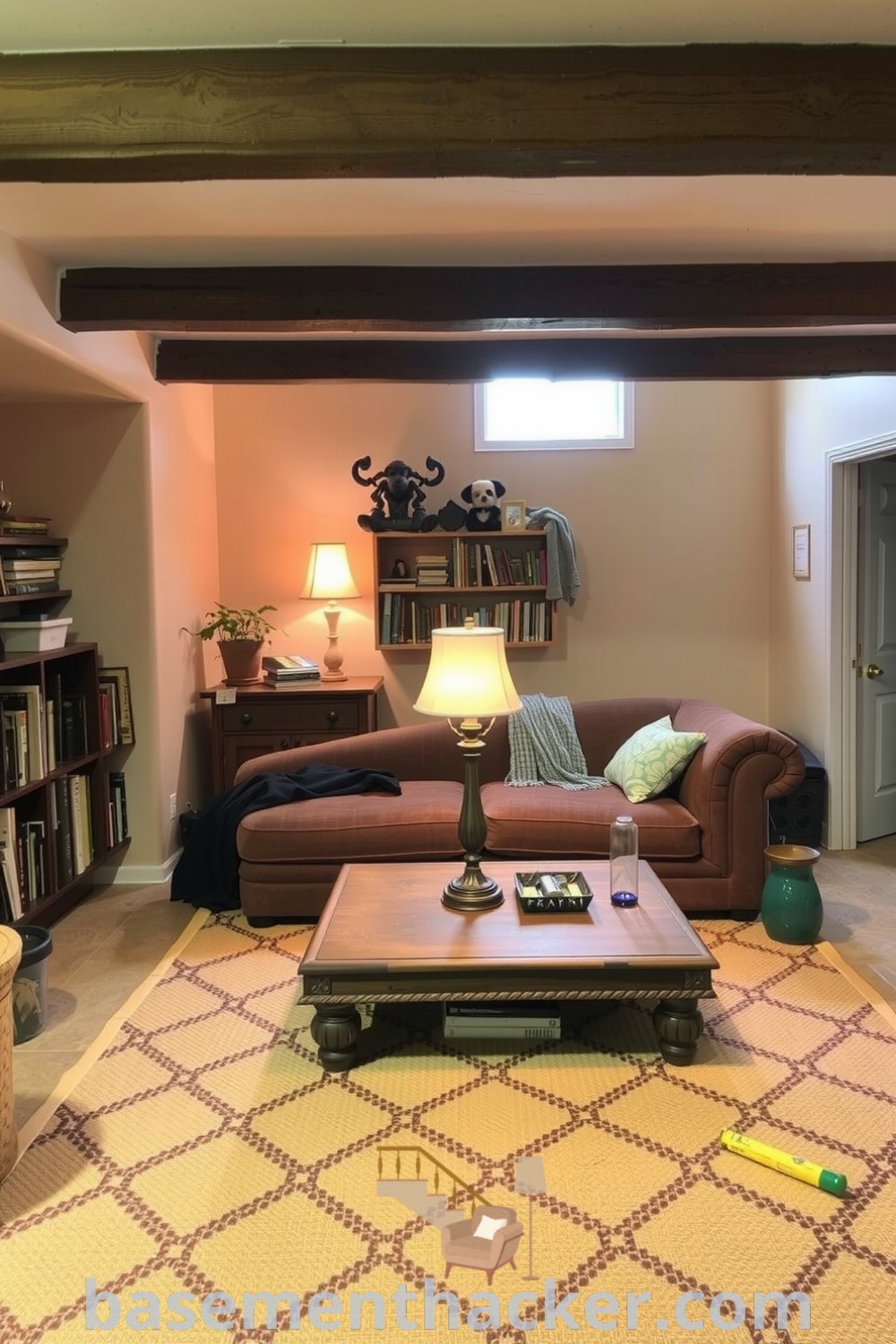 Inviting basement living room with a plush earth-toned sofa, wooden coffee table, vintage floor lamp, and shelves of books, designed for a cozy and organized home, featured on basementhacker.com.