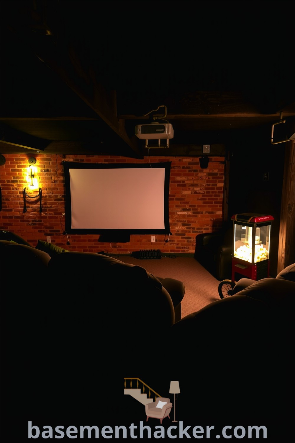 Cozy basement cinema featuring plush couches, exposed brick walls, a large projector screen, and rustic wooden beams, ideal for family movie nights and stylish home design, showcased on basementhacker.com.