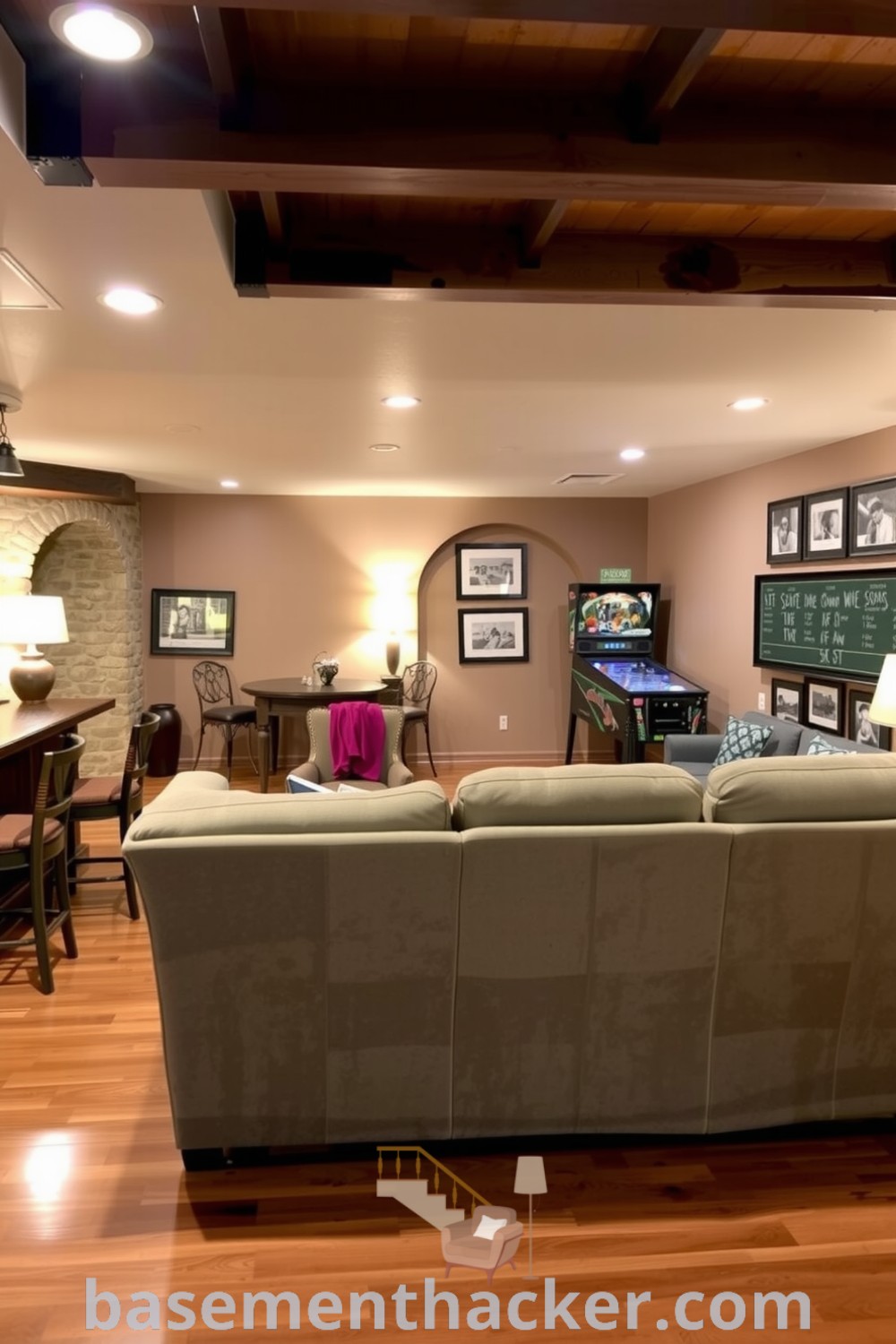 Elegant basement game room featuring a wooden bar, mismatched barstools, plush sofa, vintage pinball machine, and framed photos, perfect for a stylish and functional home design showcased on basementhacker.com.