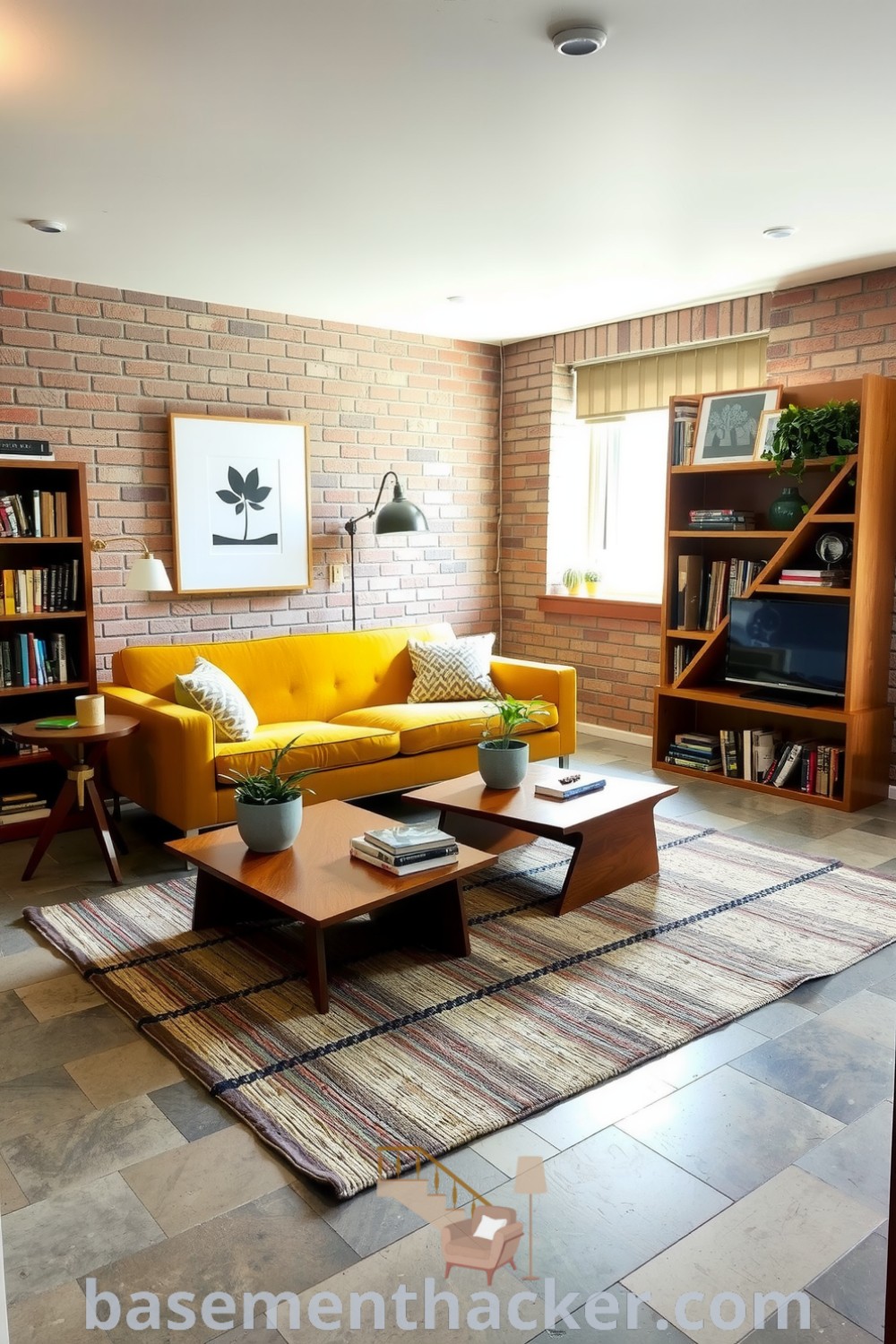 Cozy Mid-Century Modern basement living room with a mustard yellow sofa, textured rug, triangular tables, and eclectic decor, perfect for stylish bonus room design ideas for families, showcased on basementhacker.com.