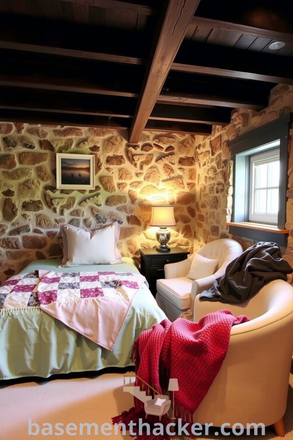 Cozy basement bedroom with textured stone walls, wooden beams, plush bed with a patchwork quilt, and a reading nook, offering innovative ideas for a stylish and functional home design for remodeling showcased on basementhacker.com.