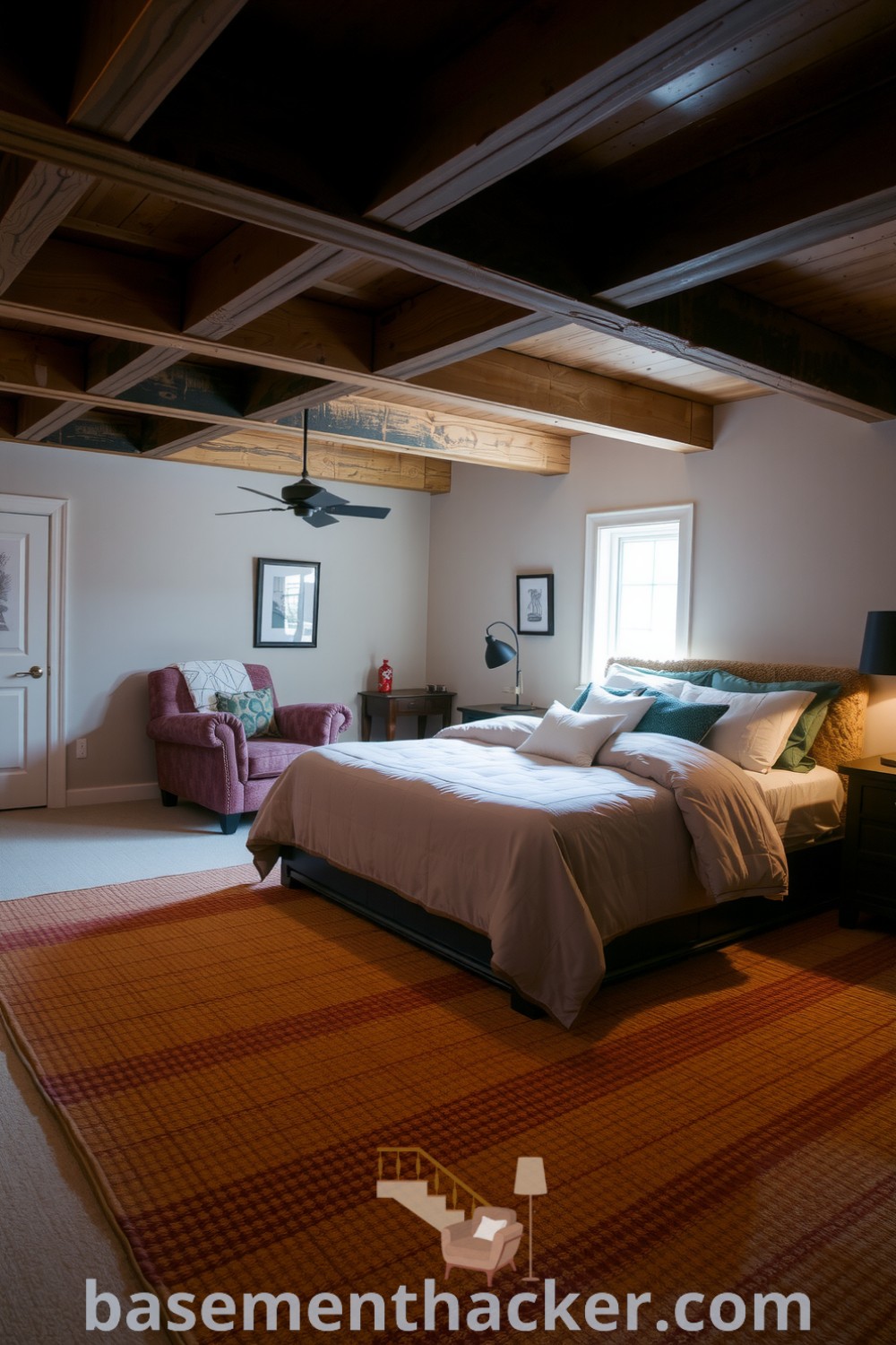 Inviting basement master bedroom featuring a plush oversized bed, rustic wooden beams, a cozy armchair, and warm lighting, designed for a stylish and functional home design, showcased on basementhacker.com.