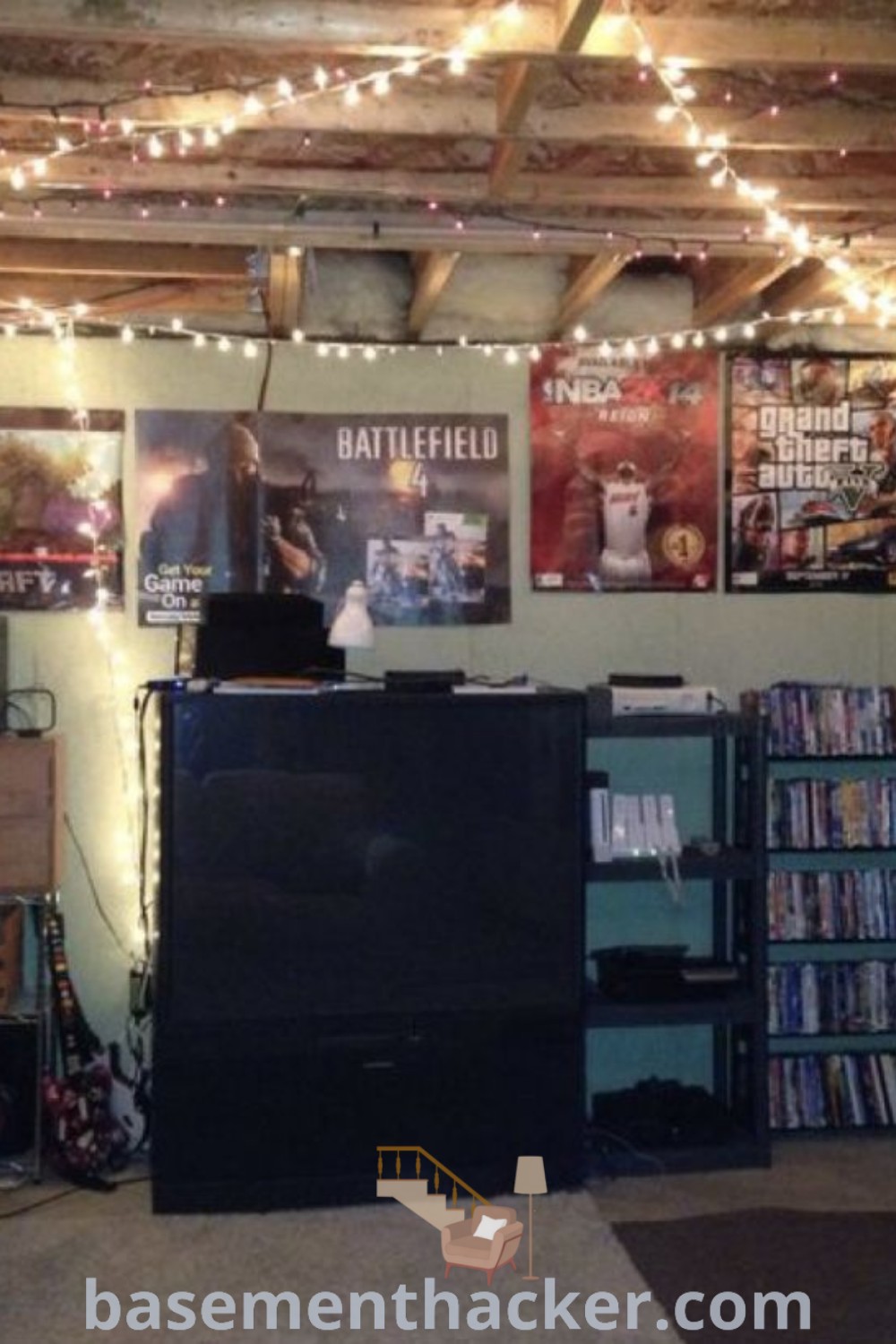 A vibrant living room filled with furniture and lots of lights, showcasing innovative ideas for designing a basement hangout room aesthetic. This space highlights best basement remodeling ideas, offering stylish bonus room design ideas for families to enjoy. Discover more inspirations at basementhacker.com.