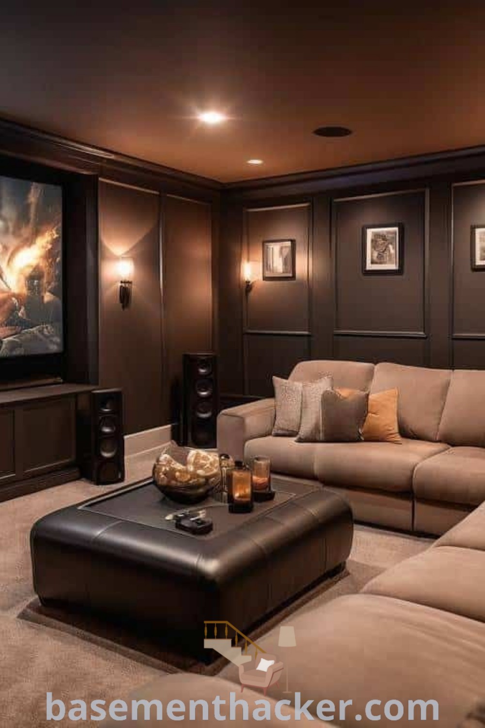 A beautifully designed home theater in a basement, featuring comfortable couches and a large screen, perfect for an ultimate entertaining space. Discover innovative ideas for a small movie room or basement theater room decor at basementhacker.com.