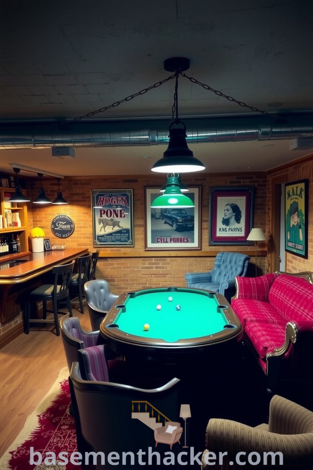 Charming rustic basement bar with wooden bar, vintage poker table and mismatched chairs, illuminated by pendant lights, offering ideas for a stylish and functional home design, featured on basementhacker.com.