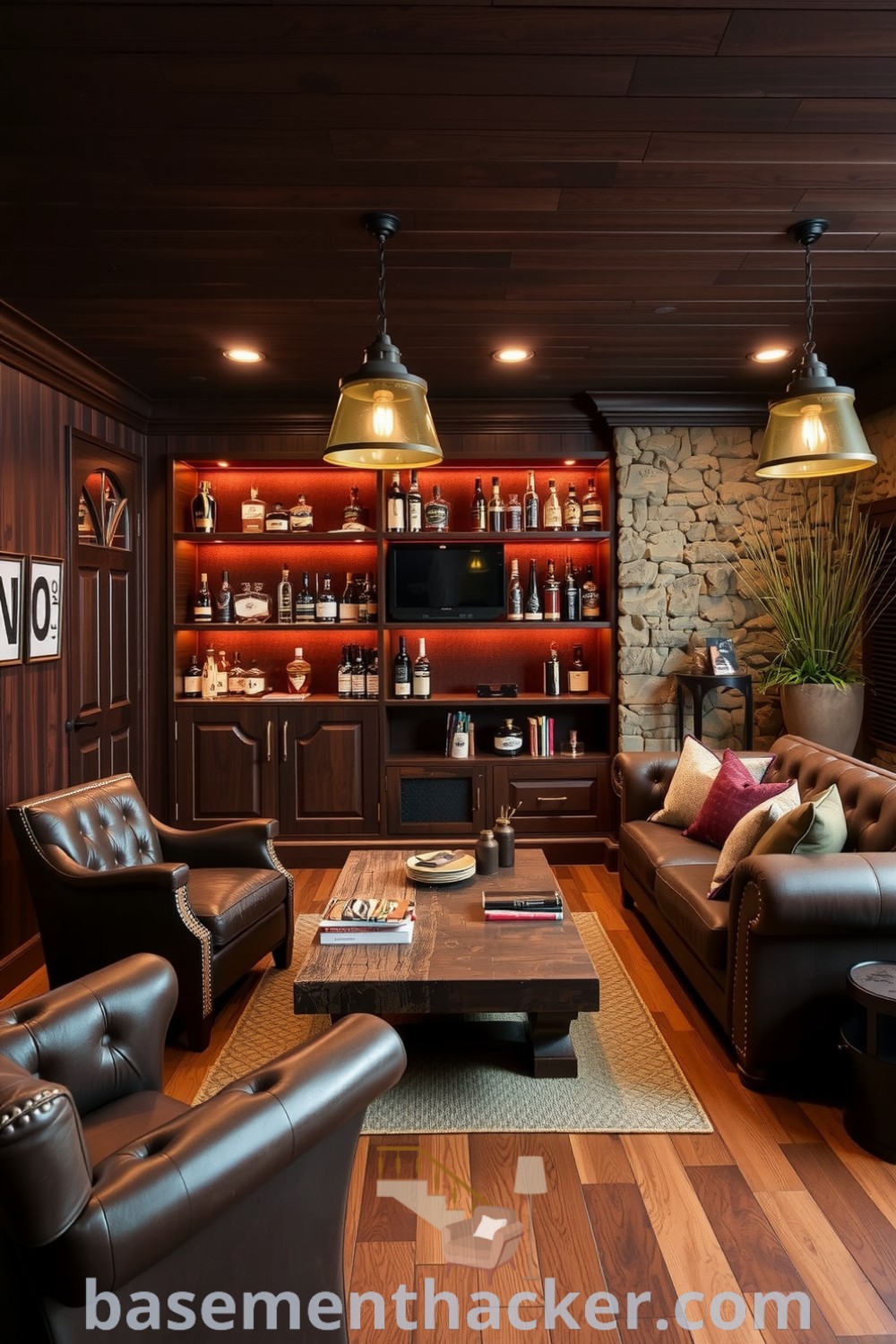 Stylish whiskey lounge in a basement with dark wood paneling, leather seating, rustic coffee table, vintage lighting, and a stone accent wall for a cozy and organized home, showcased on basementhacker.com.