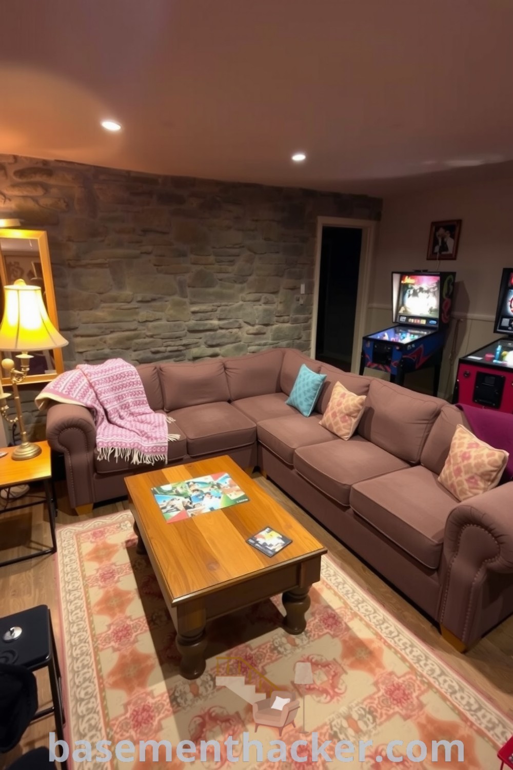 Inviting basement game room featuring a cozy L-shaped couch, exposed stone walls, soft lighting, a jigsaw puzzle, foosball table, and a vintage pinball machine, ideal for enjoyable gatherings, showcasing innovative basement makeover ideas for a stylish and functional home design on basementhacker.com.