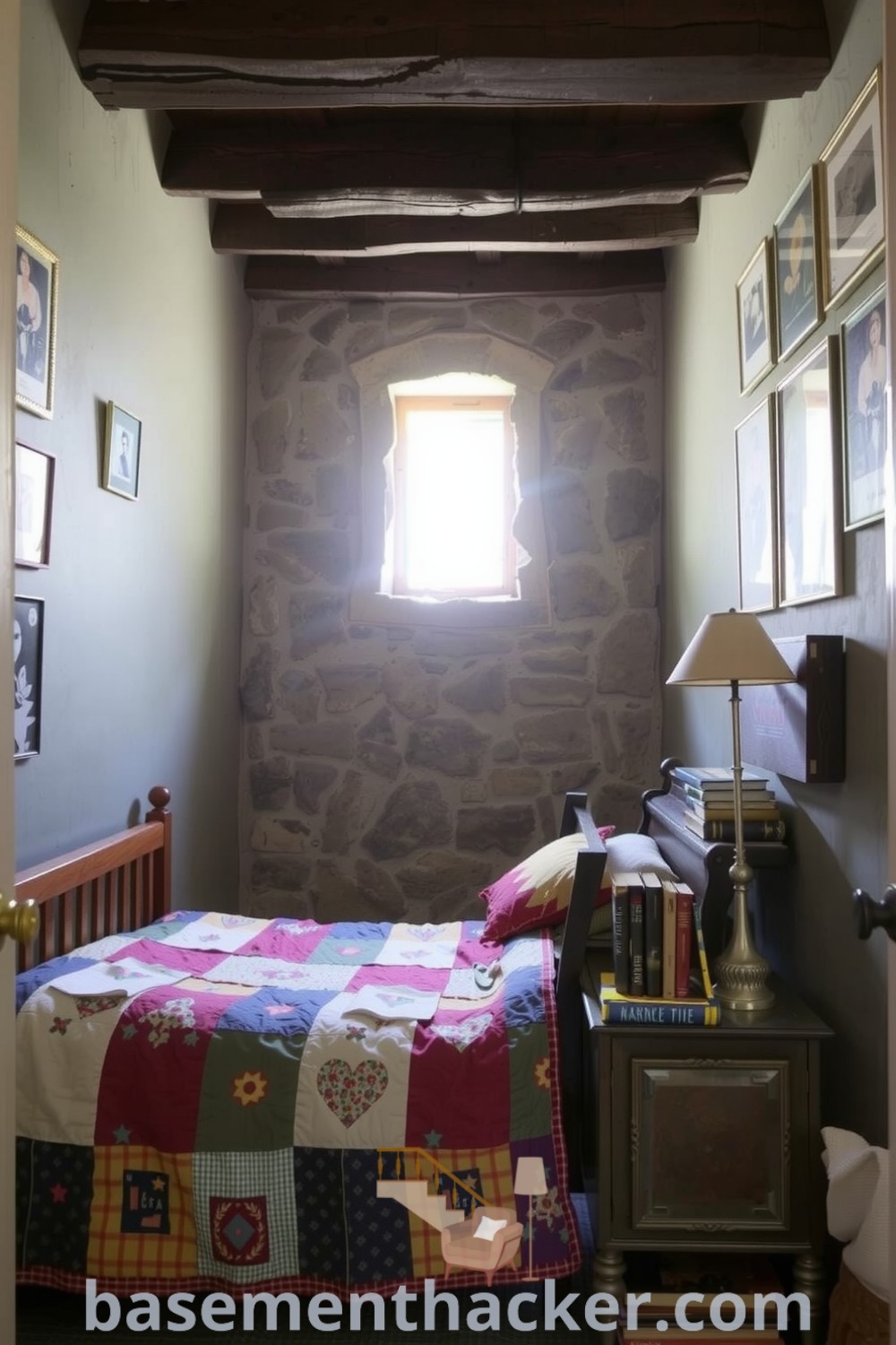 Cozy basement bedroom featuring a wooden bed with a patchwork quilt, rough-hewn stone wall, vintage lamp, and stacked books, designed for a stylish & functional home setup, showcased on basementhacker.com.