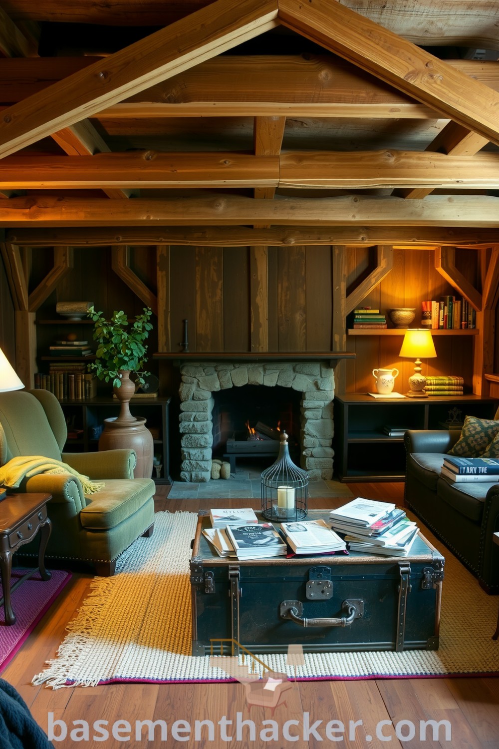 Warmly lit basement living room featuring mismatched furniture, a rustic stone fireplace, antique trunk, and handwoven rugs, designed for a stylish and cozy family space, available at basementhacker.com.