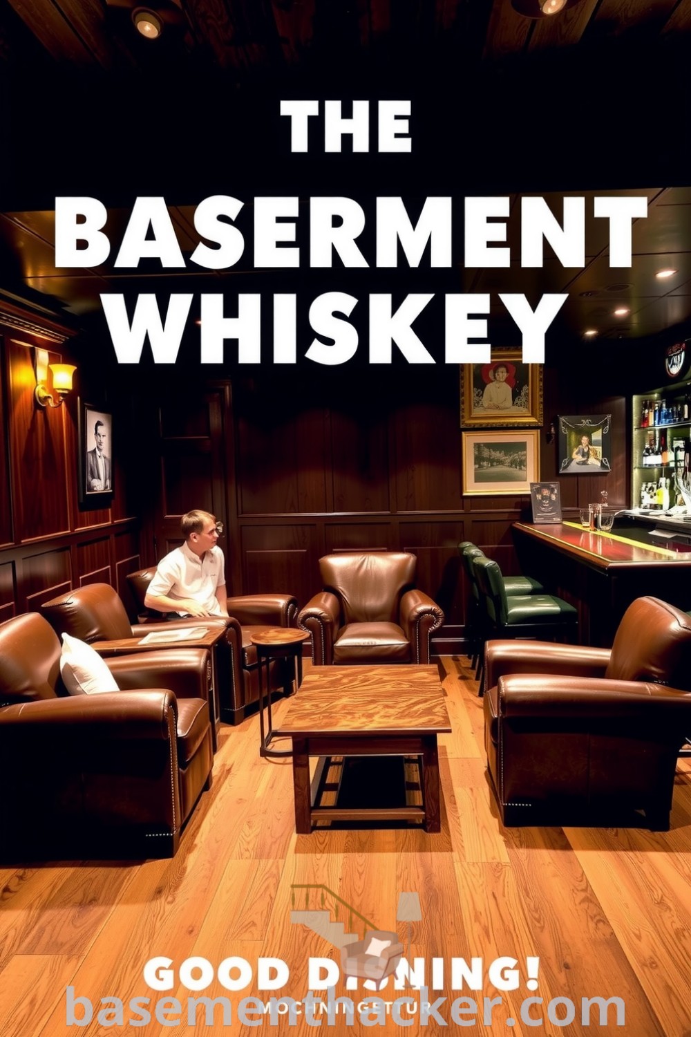 Warm whiskey lounge with dark wooden paneling, plush leather armchairs, a rustic coffee table, and a gleaming bar, featuring vintage lighting and rich aromas, offering innovative ideas for designing a stylish bonus space, showcased on basementhacker.com.