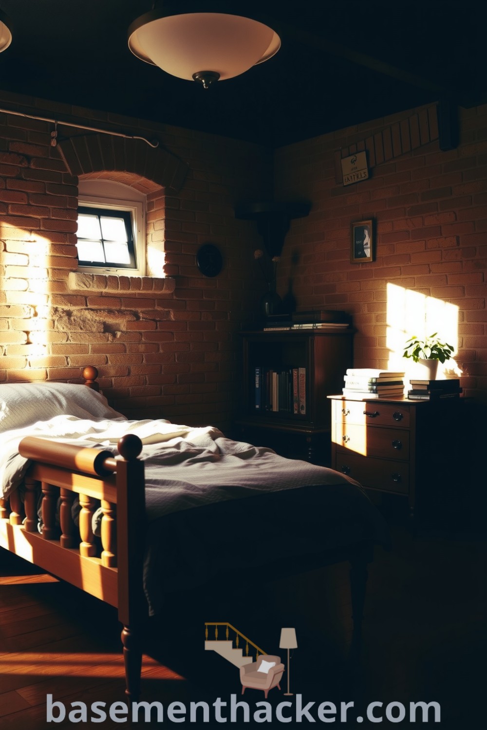 Inviting basement bedroom with wooden bed frame, soft quilt, exposed brick walls, vintage dressers, and a calming atmosphere, featuring innovative basement makeover ideas for a stylish and functional home design, showcased on basementhacker.com.