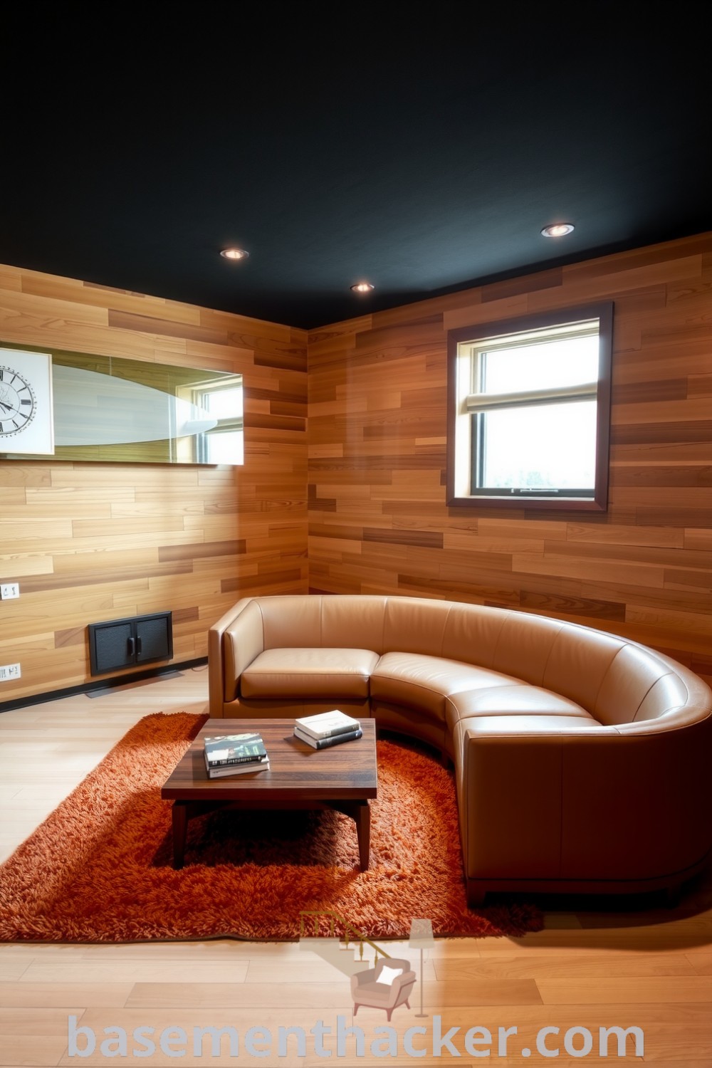 Stylish mid-century modern basement living room featuring wood paneling, a leather sofa, a walnut coffee table, and warm decor ideas for a cozy and organized home, showcased on basementhacker.com.