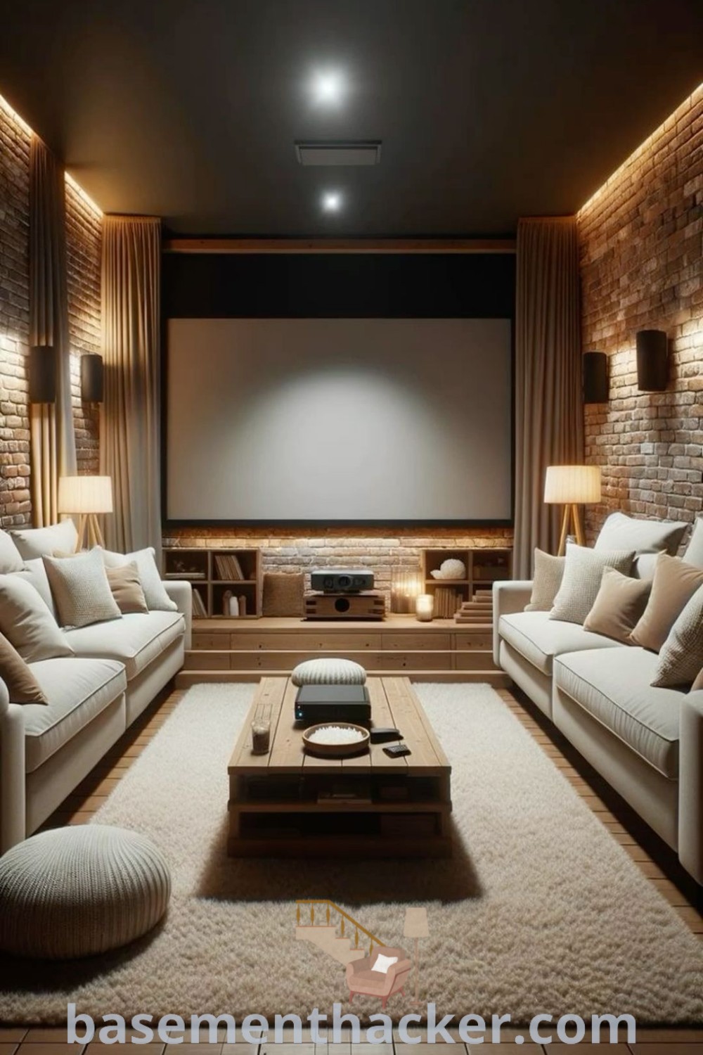 A cozy living room with two couches and a coffee table, designed as a movie room with a fireplace, embodying classy gaming room aesthetics. This dark home cinema room offers innovative ideas for designing a stylish bonus space for entertainment, suitable for family enjoyment. For more home remodeling tips, visit basementhacker.com.