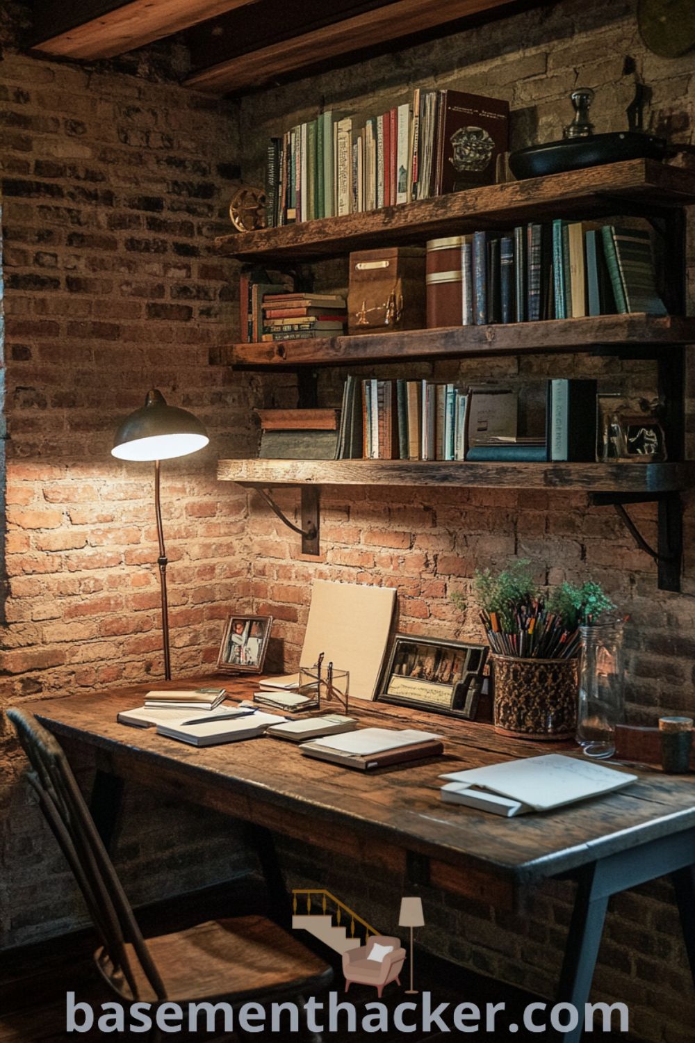 Inviting basement home office with exposed brick, reclaimed wood shelves, and a wooden desk surrounded by notebooks and a warm lamp, ideal for a cozy and organized home workspace, featured on basementhacker.com.