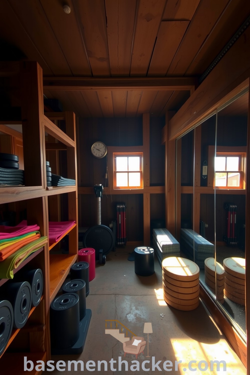 Basement gym featuring aged wood decor, workout equipment, and sunlight filtering through a window for a cozy and energizing atmosphere, perfect for innovative ideas for designing a stylish and functional home, showcased on basementhacker.com.