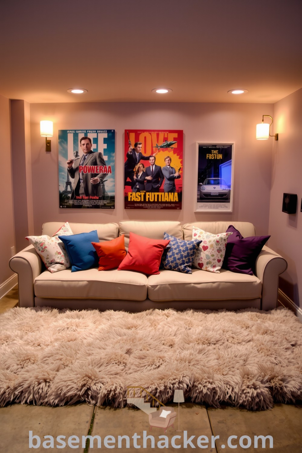 Inviting basement movie room featuring a plush oversized sofa, colorful throw pillows, vintage film posters, and ambient lighting, providing innovative ideas for a stylish bonus space focused on ultimate entertaining, showcased on basementhacker.com.