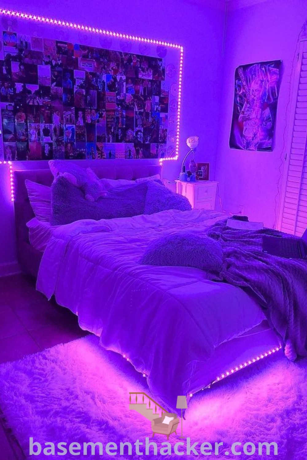 A cozy bedroom with purple LED lights illuminating a bed next to a window, showcasing pictures on the wall. This design embodies innovative ideas for a stylish and functional home, featuring cute room designs for small rooms. Explore more inspirations on basementhacker.com.