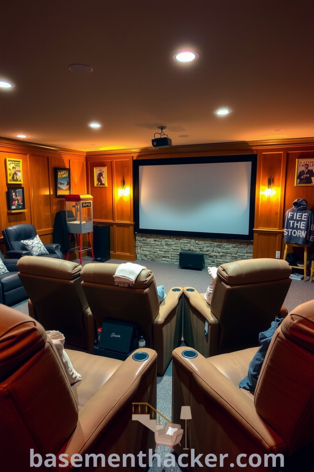 Basement cinema room featuring oversized recliners, a large projection screen framed by wood paneling, soft lighting, stone walls, and a vintage popcorn machine, providing innovative basement makeover ideas for a stunning revamp showcased on basementhacker.com.
