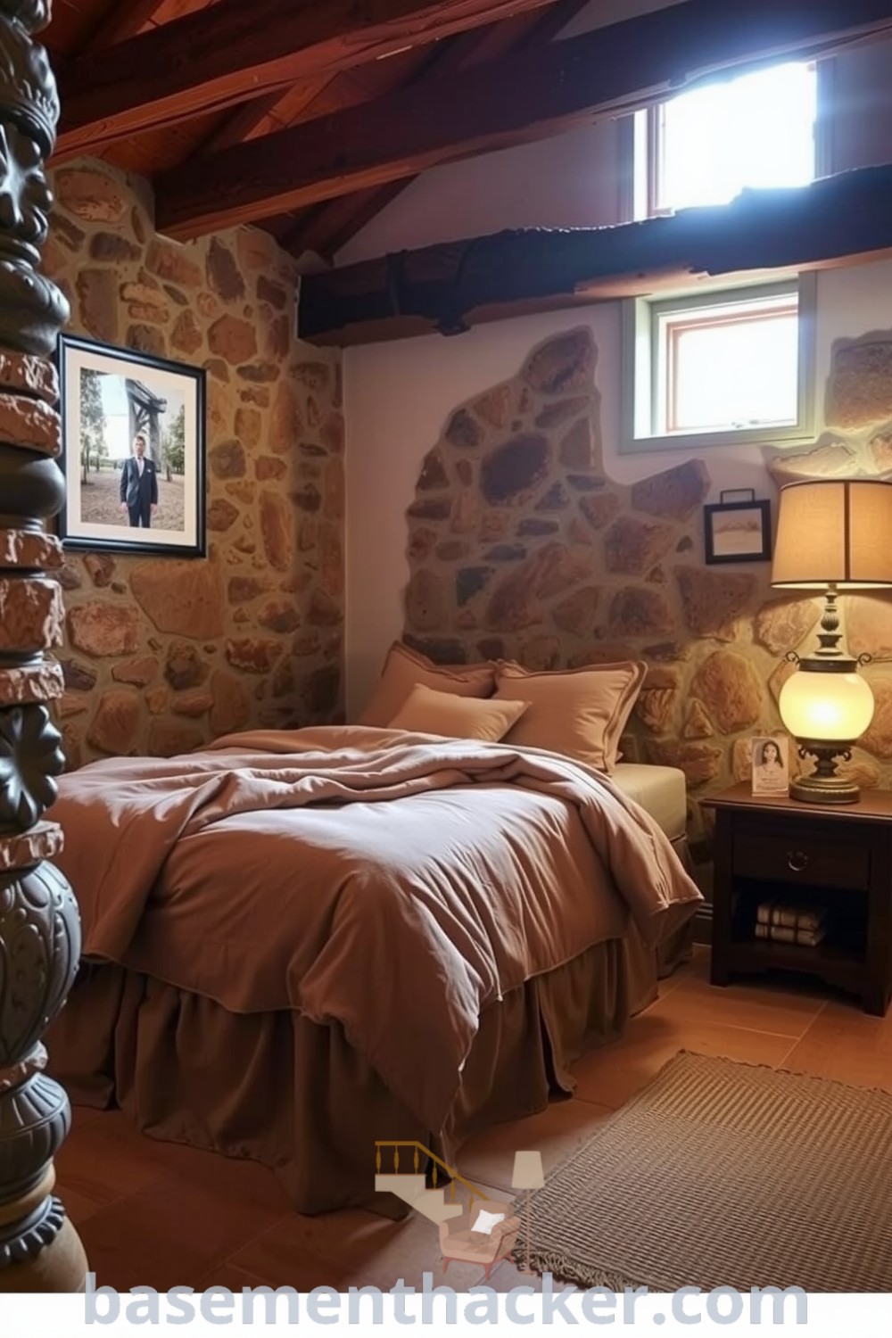 Tranquil guest basement bedroom featuring a plush queen bed, stone walls, and wooden beams, illuminated by a vintage lamp on a nightstand, offering cozy and stylish ideas for a basement makeover, showcased on basementhacker.com.