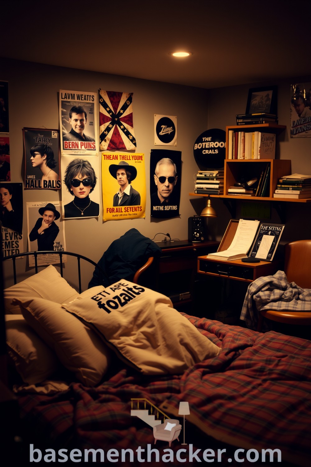Cozy teenage basement bedroom with band posters, a well-worn bedspread, wooden shelves filled with books, sketches on a small desk, and a vintage record player, featuring innovative ideas for designing stylish bonus space for ultimate entertaining, showcased on basementhacker.com.
