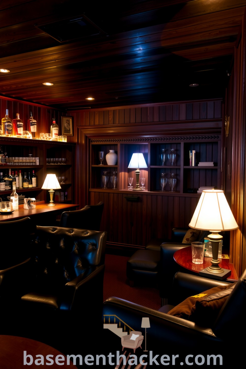 Warm and intimate basement whiskey lounge featuring rich wooden paneling, leather chairs, a reclaimed wooden bar, and vintage lamps, perfect for ultimate entertaining with innovative design ideas, showcased on basementhacker.com.
