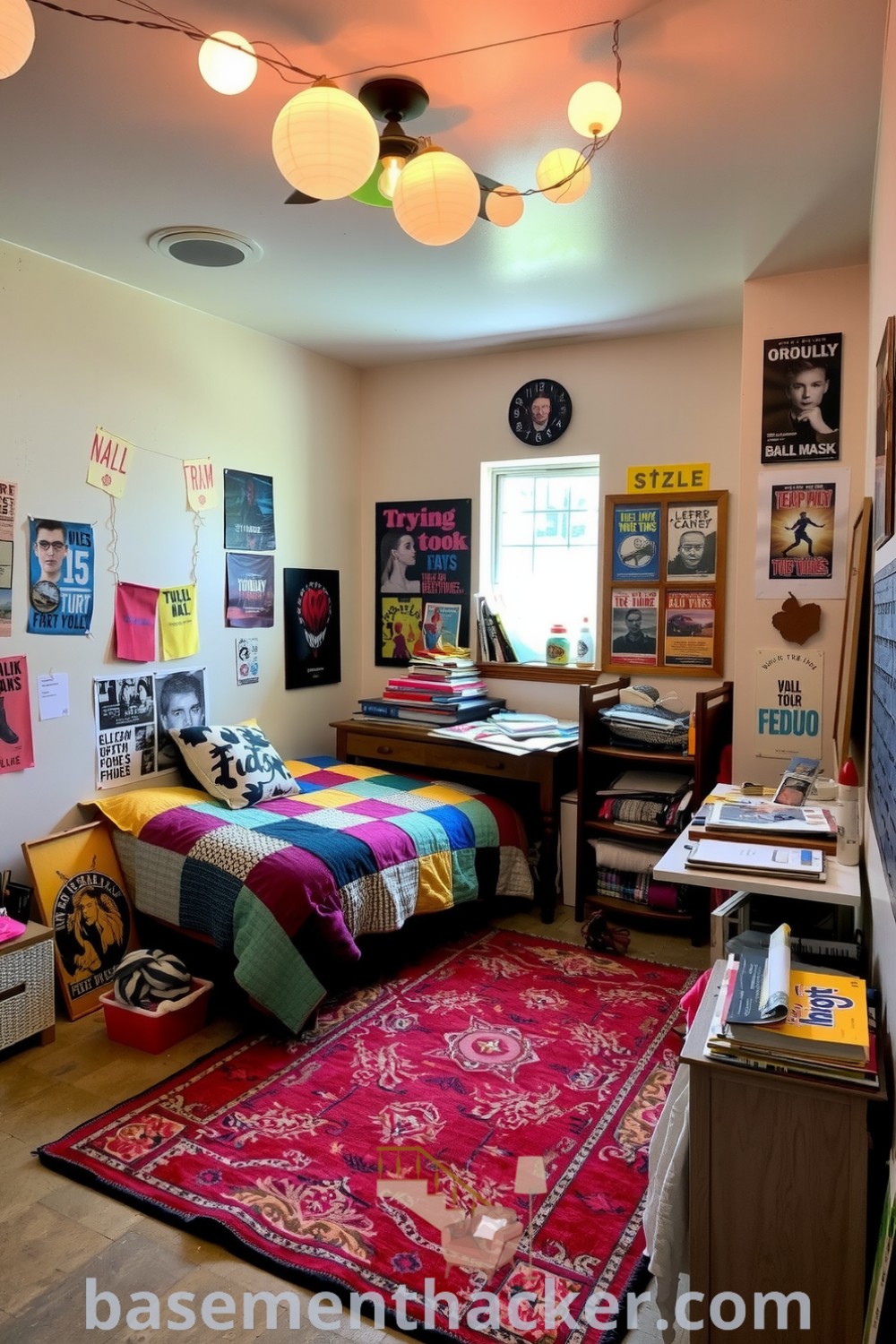 Teen basement bedroom featuring a twin bed with a patchwork blanket, mismatched posters, a cluttered desk with art supplies, and string lights for a cozy atmosphere, offering innovative ideas for designing a stylish and functional home space showcased on basementhacker.com.