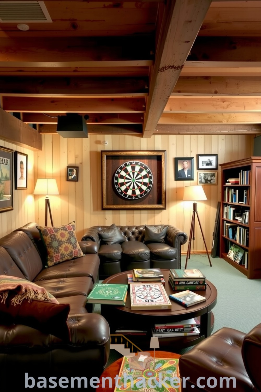 Cozy basement game room featuring a leather couch, circular coffee table, vintage board games, a wooden bookshelf, and family photos, ideal for ultimate entertaining and creating a stylish bonus space, showcased on basementhacker.com.